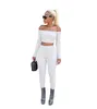 High Elasticity Pants Suit Solid Long Sleeve Off Shoulder Sweat Shirt Leggings 2 Piece Set Bodycon Outfits