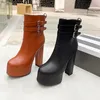 مصمم أحذية الأزياء 100 ٪ Cowskin Cashmere Classic Buckle Womens Shoes Super High Heel Onkle Bootie Lace Up Platform Heel Martin Boot 35-42