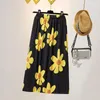 Skirts Design High Waist Split Skirt 2022 Summer Large Size Women's Clothing Fashion Casual Loose Printed Pleated Midi Saia H1512