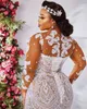 2022 Luxury Mermaid Wedding Dresses Champagne Illusion Neck Long Sleeves White Lace Appliques Crystal Ruffles Tiered Bridal Wedding Clowns Elegant Robe de Mariee