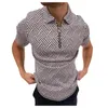 Men's Polos Fashion Herringbone Print Men Short Sleeve Shirts Casual Turn-down Collar Zipper Tops 2022 Summer Harajuku Men's