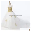 Платья для девочек цветов 2022 модные белые с золотыми кружевными цветочными девочками платья принцесса дизайнер для свадебных детей tle ruched spaghetti dh2za
