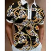 Men's Polos Summer Men's Clothes Shirts Casual Turn-Down Collar Zipper Patchwork Gold Rope Print Short Sleeve Tee Shirt Men Tops