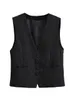 Women's Down Parkas TRAF Women Fashion Front Buttons Cropped Waistcoat Vintage V Neck Sleeveless Female Outerwear Chic Tops 220913