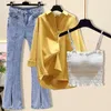 Calça feminina calça de duas peças femininas jeans de vestuário de camisa de verão feminino de três peças calças de moda de moda elegante de calça coreana jeans
