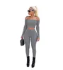 High Elasticity Pants Suit Solid Long Sleeve Off Shoulder Sweat Shirt Leggings 2 Piece Set Bodycon Outfits