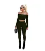 High Elasticity Pants Suit Solid Long Sleeve Off Shoulder Sweat Shirt Leggings 2 Piece Set Bodycon Outfits