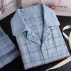 Męska odzież snu Summer Botton Pajama Men krótkie rękawy Button-Down Pijama Hombre Blue Plaid Nocna odzież PJS Pajama Homme