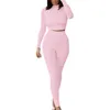 Women's Two Piece Pants Women Long Sleeve Sportswear Solid Color Elastic Crop Top Tight-fitting Pant Outfit Set Female Skinny Plus Size