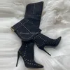 Bottes Automne Bout Pointu Mouton Daim Stiletto En Cuir Rivet Femmes Bottes 10 CM Super Haut Talon Sexy Sur les Bottes Du Genou 220913