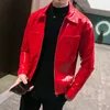 Men's Leather Faux Shiny Jacket Stage Costume Red Black Brown Nightclub Club Solid Color Slim Coats 220912