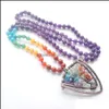 Collane con ciondolo 108 Perle di Mala Collane lunghe Pendenti con scudo 7 Chakra Pietra naturale Catena maglione annodata Pendolo per donna Yydhhome Dhgvf