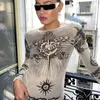 Women's T-Shirt Tops & Tees European And American Autumn New Round Neck Long Sleeve Pullover Print Slightly Transparent