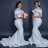 2022 Vestidos de novia de sirena Vestidos de novia Tallas grandes Sexy Árabe Cuello alto Ilusión Apliques de encaje completo Mangas largas Perlas Cuentas