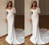 Abito da sposa sexy a sirena taglie forti con spalle scoperte maniche lunghe scollo a V senza schienale abito da sposa in organza con strascico in raso realizzato su misura