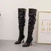 Cool Boots Femmes plissées sur les bottes au genou femme en cuir cuissardes longues bottes dames bout pointu talons hauts femmes pompes femmes chaussures 220913