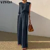 Women's Two Piece Pants VONDA Fashion Women Palazzo Pant Sets De Mujer Crew Neck Tank Tops And Wide Leg Long Trousers Summer Sleeveless Suits Solid 2PCS 220913