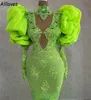 Green Aso ebi Prom Dresses Retro Puff Long Sleeves Lace Helded Beaded Plus Size Evening Celebrity Celebrity Mermaid High Collar Dression Second Dression Cl1117