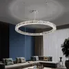 Lampadario a LED in cristallo di design moderno di lusso su 3 lati Illuminazione Soggiorno Sala da pranzo Lampada a sospensione con anelli in acciaio cromato lucido