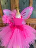 Abiti da ragazza Ragazze Abito in tulle rosa glitterato Tutu da fata farfalla per bambini con ala e bastone Arco per capelli Costume cosplay di Halloween per bambini