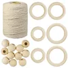 Hilo para ropa Supvox, 3mm, 100 yardas, cordón de macramé Natural, hilo de algodón con 12 Uds. De cuentas de madera, 6 uds. De anillos para manualidades, colgadores de plantas DIY