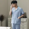 Męska odzież snu Summer Botton Pajama Men krótkie rękawy Button-Down Pijama Hombre Blue Plaid Nocna odzież PJS Pajama Homme