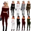 High Elasticity Pants Suit Solid Long Sleeve Off Shoulder Sweat Shirt Leggings 2 Piece Set Bodycon Outfits