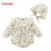 Rompers Hibobi 2 szt. Baby koronka Ruffle urocza dziewczyna Romper z zestawami kapeluszu niemowlę Vintage Kwiatowy kombinezon Toddler Baby Girl Clohtes 220913