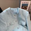 Jaqueta de tweed azul celeste de manga comprida com decote em bico e abotoamento simples SML