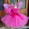 Meninas vestidos meninas garotas rosa Tulle Dress Kids Butterfly Fairy Tutu com asa e bastão de cabelos para crianças trajes de cosplay de Halloween