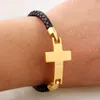 Länk armband män smycken svart läder armband handkedja vintage tillbehör kors design rostfritt stål clasps man