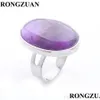 Solitaire Ring Reiki Natural Gemstone Oval Amethyst Bead Adjustable Finger Rings For Men Women Party Ring Fashion Jewelry Carshop2006 Dhm2Y