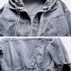 Women s Jackets Blue Deconstructable Hooded Turn down Collar Denim Jacket Women Loose Button Patchwork Outwear Jean Coat Female 220913