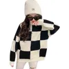 Girls Winter Spring Pullover Knitting Sweater Kids Casual Loose Tops Teens Children mode Black White Plaid kläder 0913