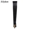 Boots Eilyken Fashion Runway Crystal Stretch Fabric Over the Knee Boot High Fight Found Toe Woman Women Shiletto Keel Shoes 220913