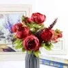 Faux blommor grönare 13 huvuden bukett konstgjord dekoration siden blommor europeiska fall livliga peony falska blad bröllop hem fest dekoration j220906