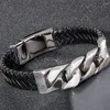Link Bracelets Steampunk Skull Bracelet For Men Braided Leather Stainless Steel Curb Chain Men's Wrist Charm Male Jewelry Wholesale