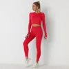 Damenhosen Damen Capris MINDYGOO Hochwertige individuelle Logo-Fabrik 2022 Strick einfarbig nahtloser Langarm-Yoga-Anzug Sport Zwei