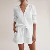 Women's Sleepwear Hiloc Pocket White Sleepwear Cotton Suits With Shorts Female Lacing Long Sleeves Set Woman 2 Pieces V-Neck Women Pajama Spring 220913