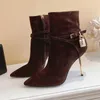 stiletto topuk ayak bileği botları tasarımcı altın kilit tokası dekorat kadın ayakkabıları inek derisi kaşmir fermuar sivri ayak parmakları savaş botu 10 cm yükseklikte topuklu moda boot 35-42