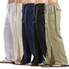 Мужские брюки мужские брюки хлопковые льняные брюки для мужчин бегают повседневную твердую эластичную талию.