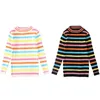 Pullover kids girls fall autumn colorful striped knitted pullover sweater 4 to 14 year chidlren girl fashion ribbed casual top clothing 0913