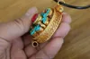 Pendant Necklaces PN141 Ethnic Tibetan Buddhism Prayer Box Gau Handmade Nepalese Copper Golden Stone 37mm Round Amulet