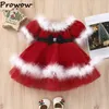 Girl's Prowow 1-7y kinderen Kerstmeisjes Es Off Schouder riem rood fluwelen kinderen fuzzy pluche nieuwjaar winter babyjurk 0913