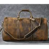 Duffelväskor Högkvalitativ vintage Dark Brown Real Skin äkta Crazy Horse Leather Men Travel Handbag Messenger