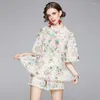 Women's Tracksuits Vintage Printed Summer Two Piece Set Women Europe O-Neck Flare Sleeve Shirts Tops Wide Leg Shorts Hollow Luxury C300