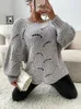 Kvinnors stickor Tees OneLink Gray Pullover O Neck Puffed Sleeve Hollow Out Open Knit Oversize Plus Size Woman Sweater Autumn Winter Clothing 220914