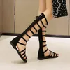 Boots Big Women Shoes Gladiator Sandals Summer Flat Knee High Long Zip Up Boot Hollowed-out for Fashion Ladie 220629