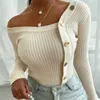 Kadın Örgü Tees Kadın Moda Zarif Örgü Üstler Uzun Kol Kapalı Omuz Seksi Sıradan İnce Düğmeler Üst Femme Bayanlar Katı Sweaters Sonbahar 220914