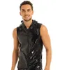 Black Mens Wetlook Catsuit Kostümler Tank Topları Patent Pvc Sahte Deri Kapşonlu Seksi Kulüp Giyim Hip Hop T-Shirt Üstü Fermuar Kapatma Kostümleri